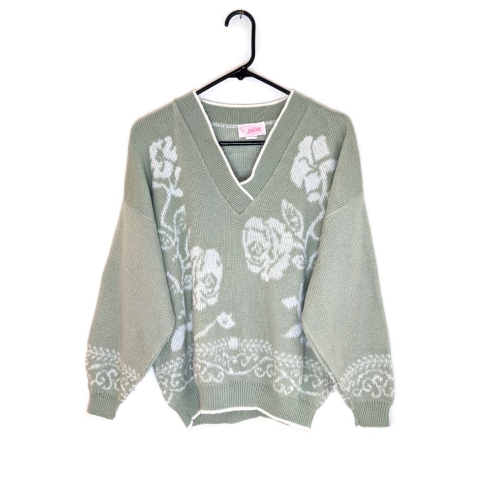 Vintage 90s Sage Green Floral V Neck Oversized Slouchy Grandma Sweater